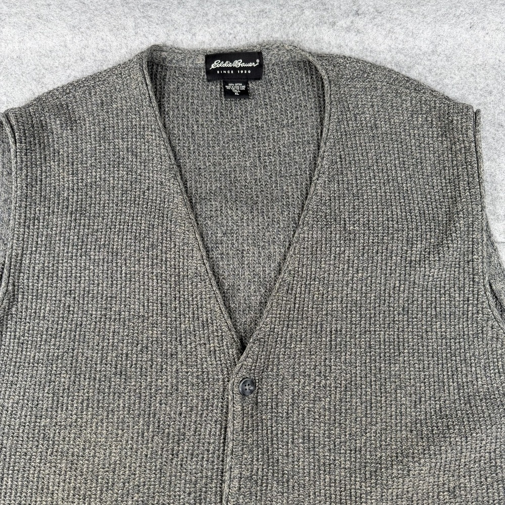 Vintage 90s Eddie Bauer Men's XLT Gray Chunky‎ Ribbed Knit Cardigan Sweater Vest